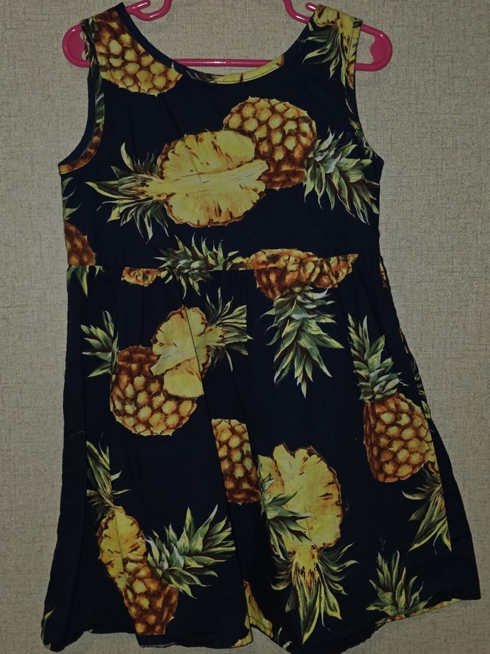Girls Sleeveless Pineapple Print Dress - Navy Blue